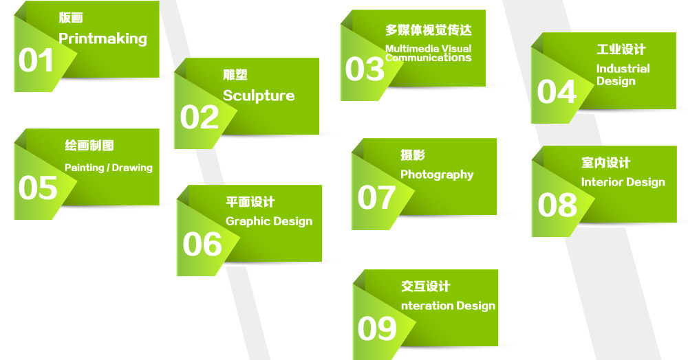 1滭Printmaking 

2Sculpture 

3ýӾMultimedia / Visual Communications 

4ҵ Industrial Desig
5滭ͼPainting / Drawing 

6ƽGraphic Design
 
7ӰPhotography 
8Interior Design 
n 